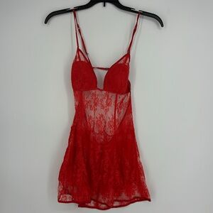 Victoria's Secret Womens Small Babydoll Nightie Red Sheer Floral Lace Lined Cups